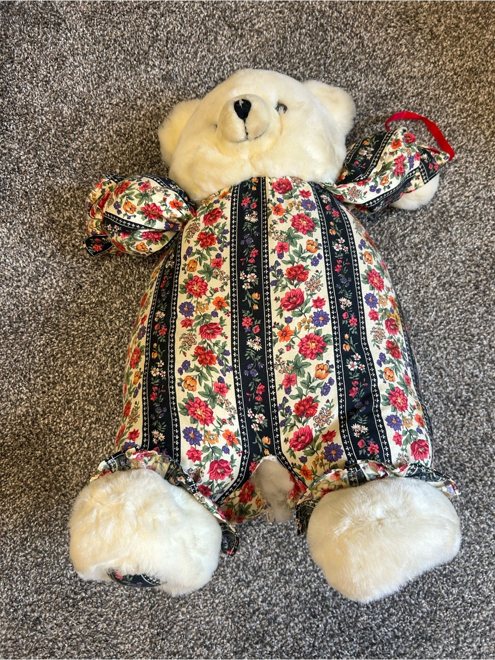 Vintage 1990’s Fine Toy Cream Plush Bear with Floral Stripe Outfit Large Cute